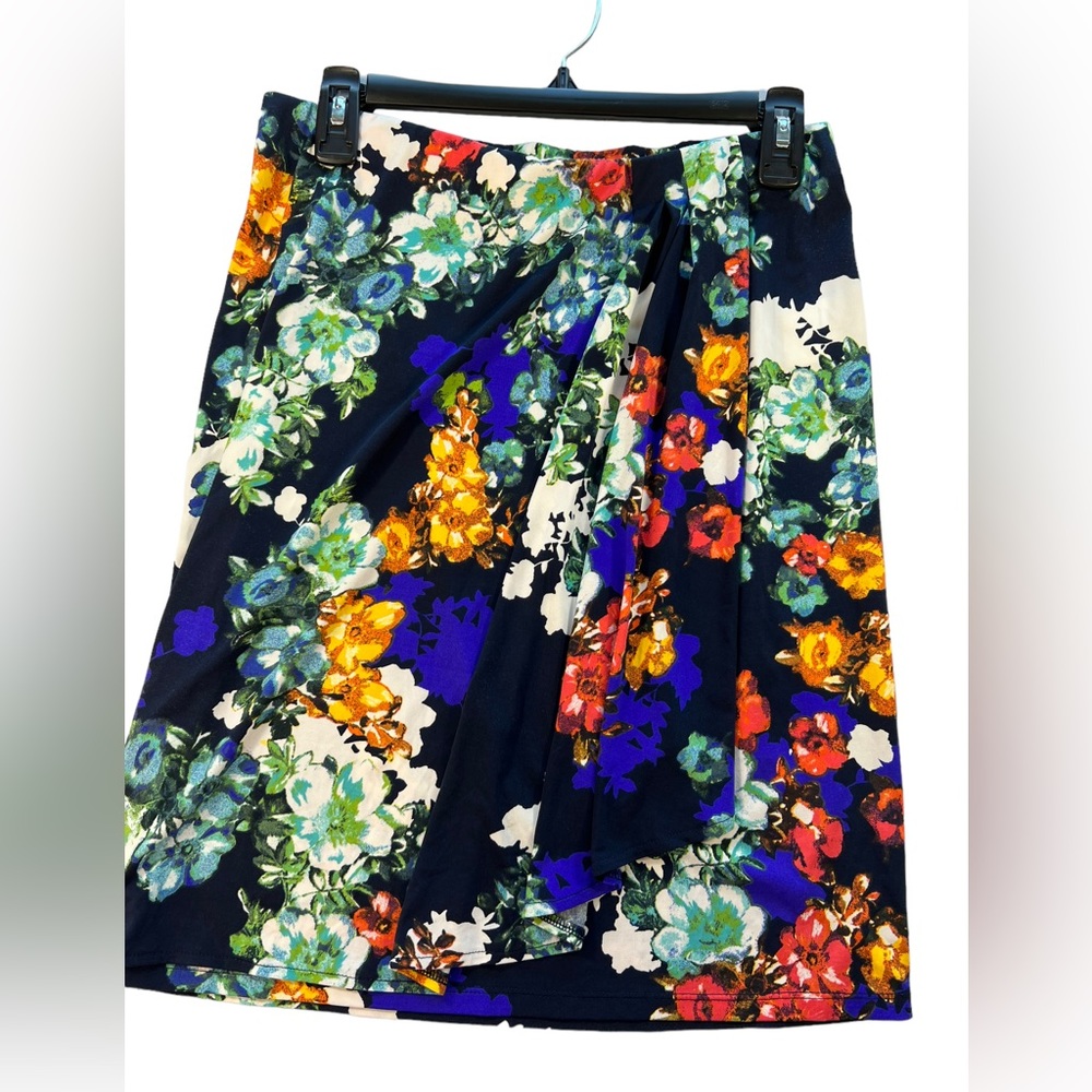 Ellen Tracy Vintage Stretchy Blue Floral Skirt Faux Split Front Office Small Med